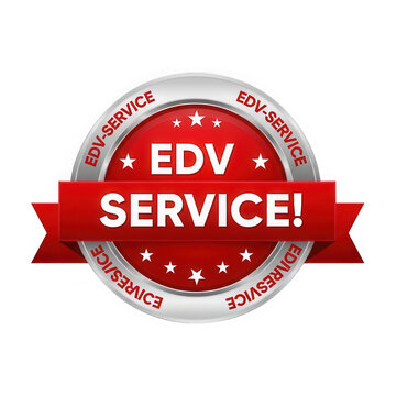 Red round edv service badge label with metallic silver border isolated on transparent background