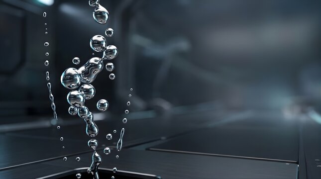 Liquid mercury silver metal spheres floating in dark futuristic interior