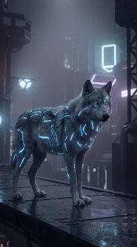 Digitally enhanced wolf standing against urban backdrop