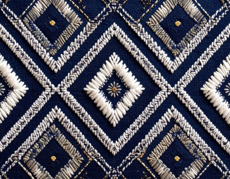Traditional Japanese kogin-zashi embroidery with white geometric diamond pattern