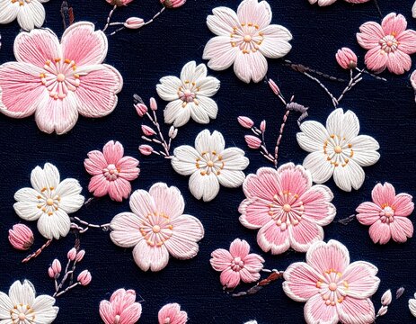 Japanese traditional embroidery style textile pattern with cherry blossom motifs