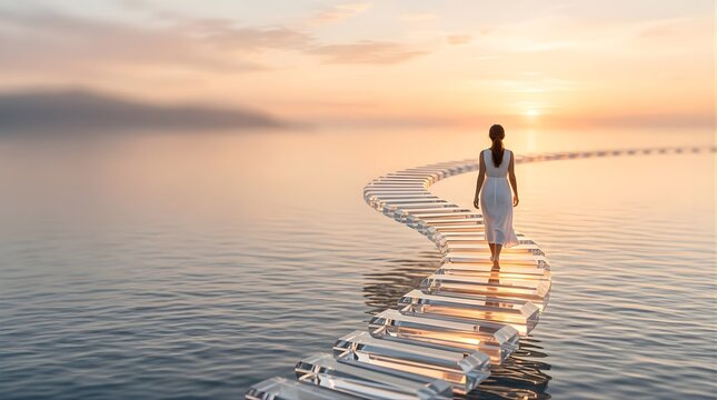 Woman walking on glass stepping stones across water toward a sunset