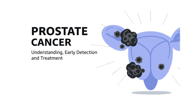 Prostate cancer educational illustration showing anatomy with cancerous tissue, useful for raising awareness, early detection, and medical treatment information.