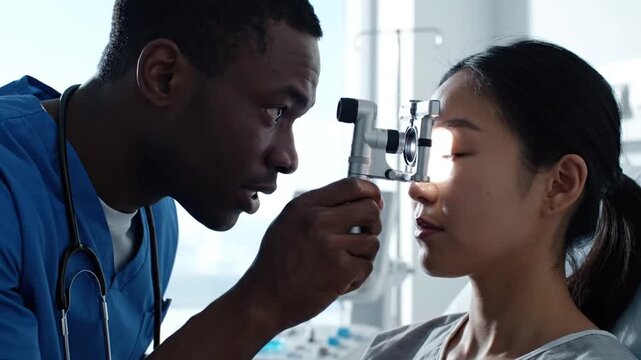 Doctor Examining Patient's Eye with Medical Tool, Close Up, Eye Exam And Healthcare