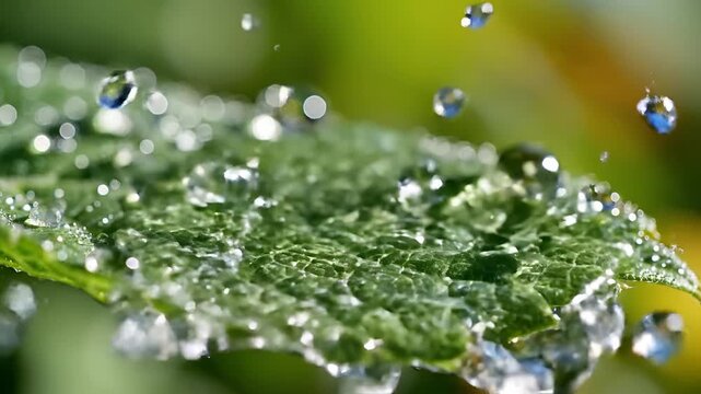 Macro shot of water droplets falling on a green leaf surface.