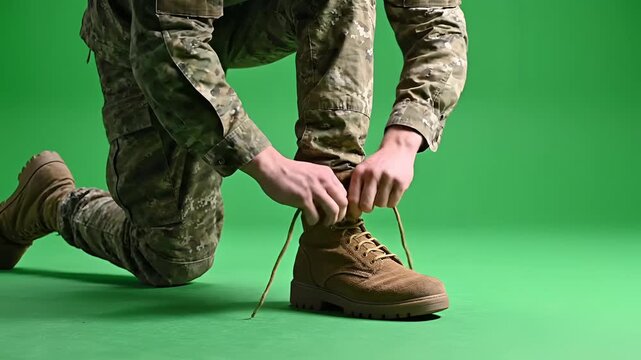 Soldier Kneeling Tying Military Boots on Green Screen Background.