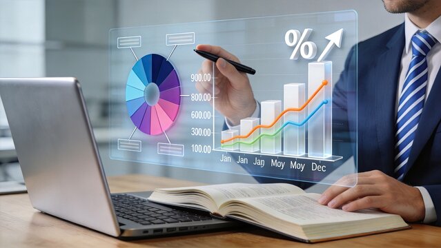 Businessman analyzing holographic data charts and graphs on transparent screen, future technology concept for financial reporting and statistics