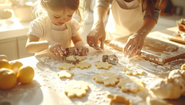 A little girl and her mother are busy making cakes together in the kitchen which is brightly lit by natural sunlight. The child looks focused on using the cake mold on the dough aboves