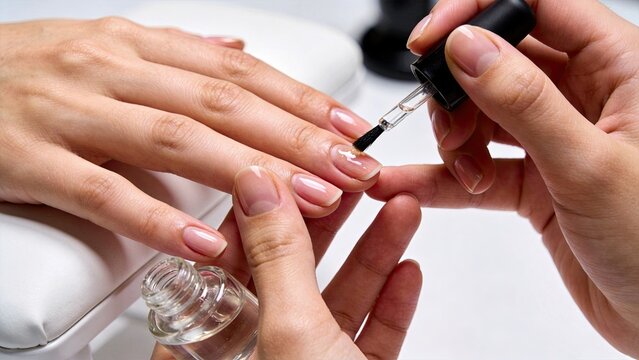 Woman getting manicure treatment with nail polish application by beautician hands in salon spa setting for beauty care wellness relaxation self pampering lifestyle concept close