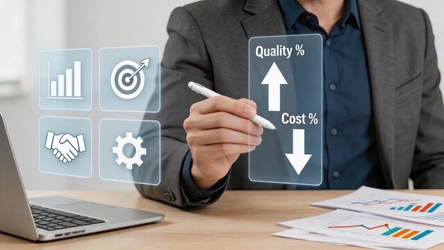 Businessman drawing quality increase cost decrease graph on holographic interface, financial strategy planning concept with laptop and charts on desk for corporate success growth