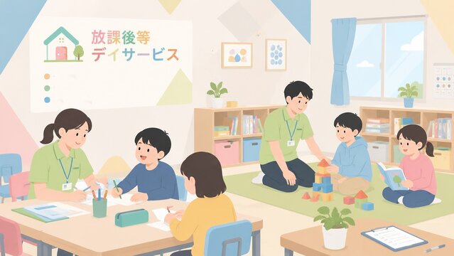 放課後等デイサービスで支援員が子供たちと勉強や積み木遊びをする温かいフラットデザインイラスト