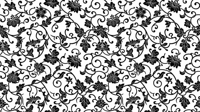 Seamless black and white vintage damask floral pattern.
