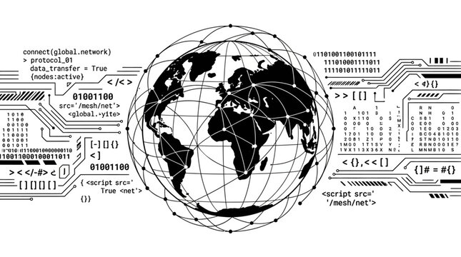 Global Network Technology Concept - Digital Earth with Binary Code and Circuitry