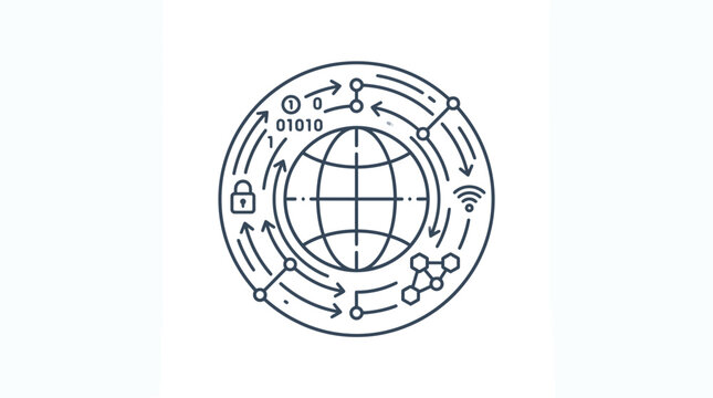 Global Network Technology Concept: Globe, Binary Code, Lock, Wifi, Molecules