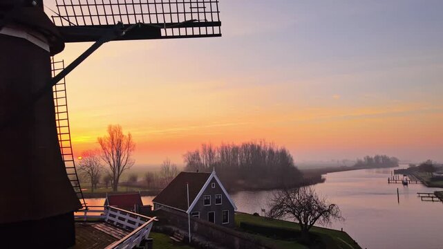 Aerial view of a traditional Dutch windmill and stone bridge over a calm canal during a vibrant sunrise in Sloten, Friesland, Netherlands.