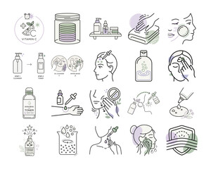 Obraz premium Line art skin care routine icon set or Minimalist face care steps icon illustration