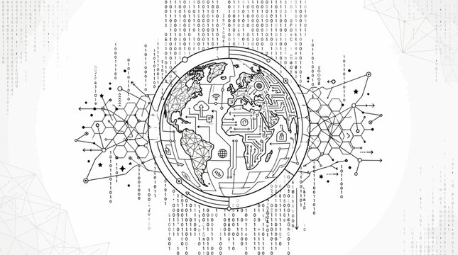 Global Network Technology: Earth Globe with Digital Circuitry and Binary Code