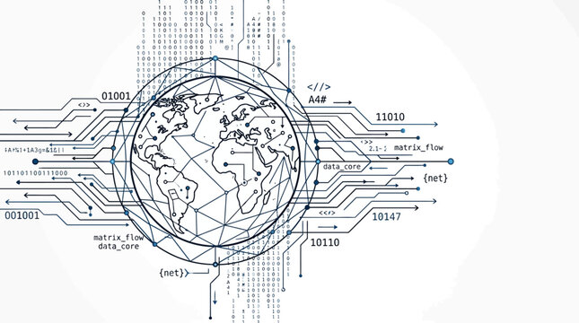 Global Network Technology: Earth Globe with Digital Circuits and Binary Code