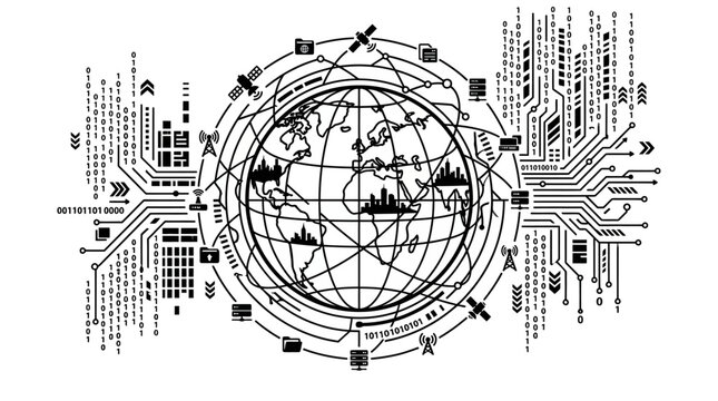 Global Technology Network: Earth, Satellites, Circuits, Binary Code