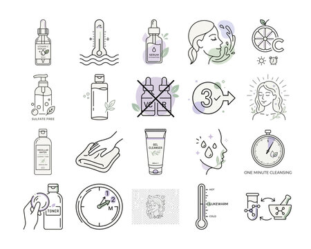 Line art skincare routine tutorial icons or Minimalist facial care step icons