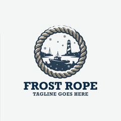 A classic nautical-themed badge enclosed in a rope border, depicting a winter sea scene that works well for maritime businesses, coastal resorts, or arctic adventure travel agencies. © aseenz imagine