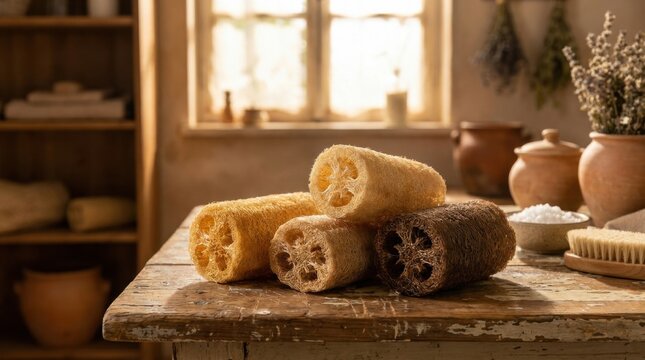 Natural loofah sponges of varying textures and shades on a rustic wooden table with bath accessories, sea salt, and a wooden brush in a warm, sunlit room for eco-friendly skincare.