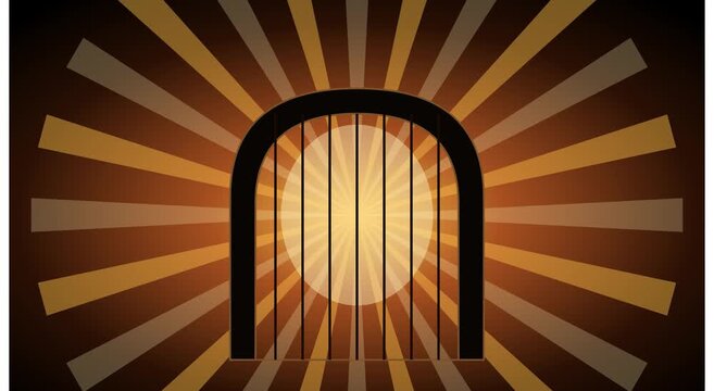 Prison cell gate with glowing sunburst background animation