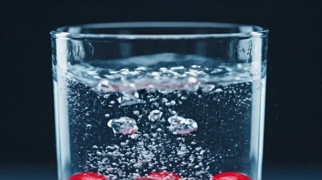 Red pills falling into a glass of water, creating a splash and bubbles, close-up shot of the chemical reaction