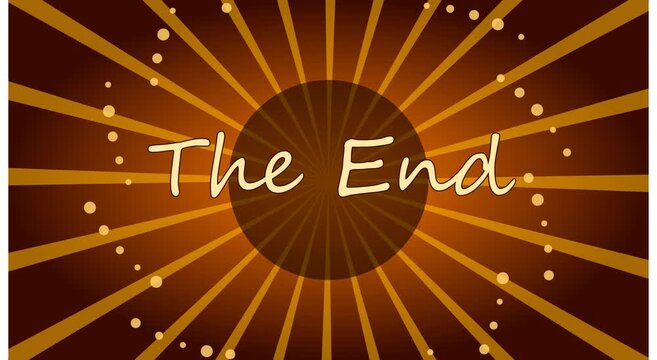 The end cinematic title card with retro sunburst animation