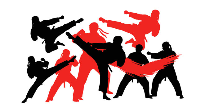 Martial arts fighters in action poses.