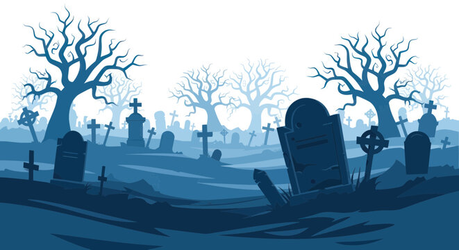 Graveyard with old tombstones and trees.