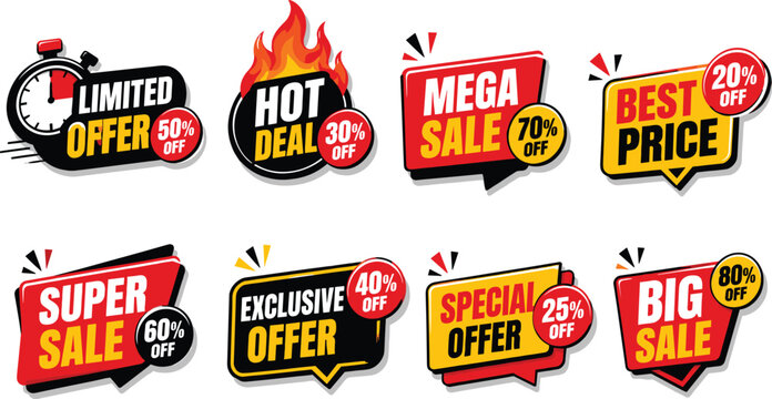 Collection of various promotional sale badges with percentages and dynamic typography for commercial advertising.