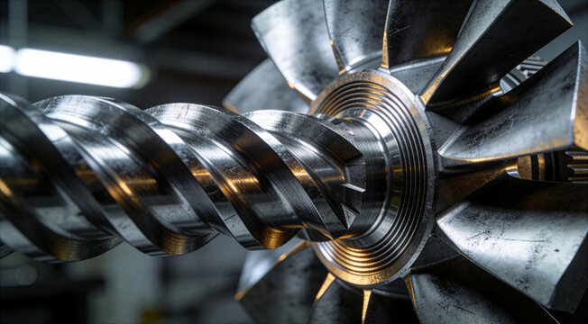 Close-up of Precision Machined Industrial Screw Gear and Turbine Blades for Heavy Machinery