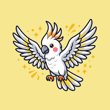 Cute cartoon cockatoo parrot flying with wings spread.