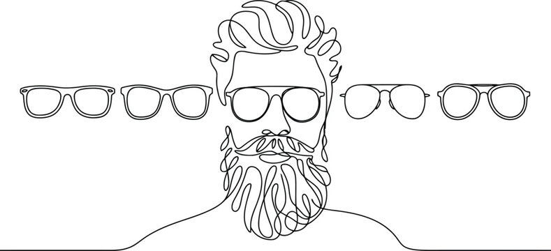 Bearded man wearing glasses with multiple eyeglass frames in a continuous line style on a white background