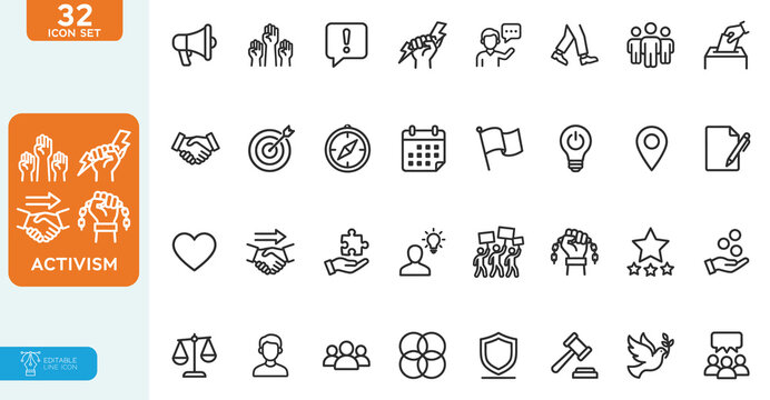 Activism Vector illustration editable line icon set. Containing protest, activist, demonstration, strike, advocacy, petition, human rights, and more. on white background.