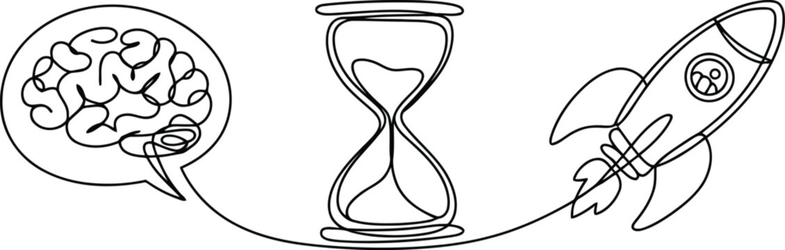 Continuous line of a brain in a speech bubble, an hourglass, and a rocket ship on a white background