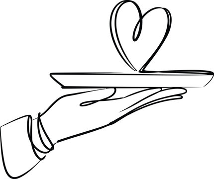 Continuous line of a hand holding a tray with a heart symbol on it against a white background.hand, heart