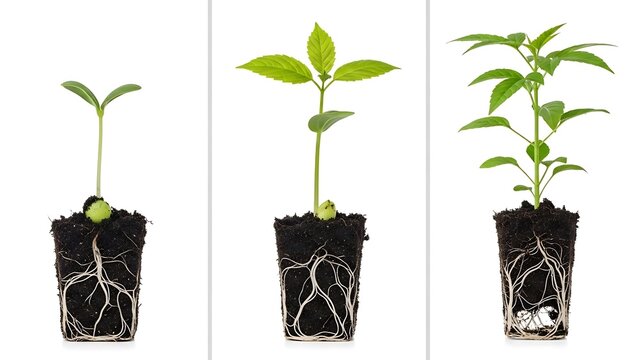 A series of plant growth stages shown in three pots