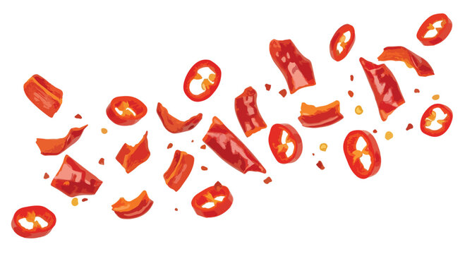 Red chili pepper slices falling on white background, spicy hot pepper pieces and seeds flying, fresh organic vegetable vector illustration