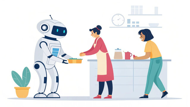 Futuristic robot assistant helping humans in daily life with household chores and kitchen tasks