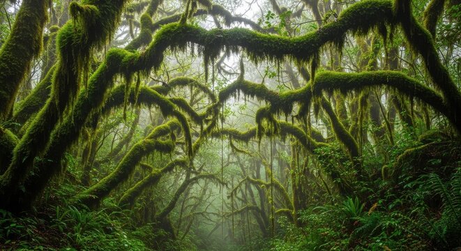 Overhanging Mossy Boughs Drip in a Misty Enchanted Forest