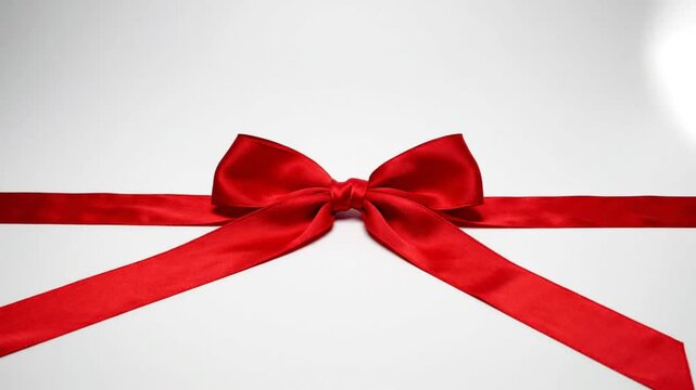 Red satin bow and ribbon with long tails centered against a white background for festive designs and presentations
