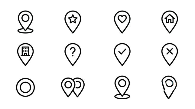 Set of black and white location pin map marker line icons.