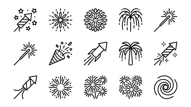 Set of black and white fireworks icons for celebration.