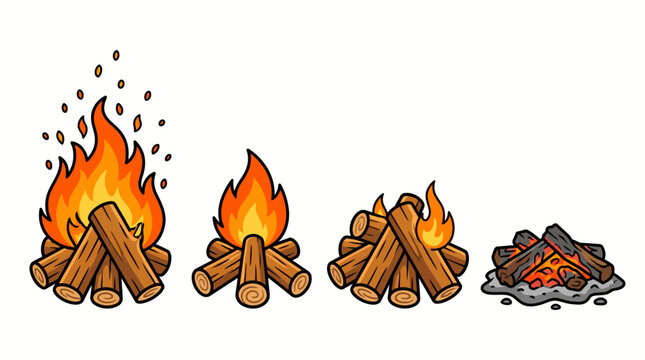 Set of cartoon campfires with logs and flames.