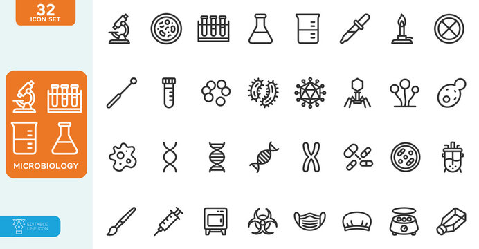 Microbiology Vector illustration line editable icons set. 32 editable line icons for science and laboratory use. on white background.