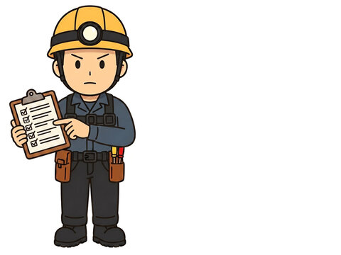 Construction worker double checking safety checklist, industrial safety confirmation illustration with copy space