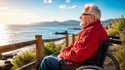 Fototapeta premium Elderly man in wheelchair enjoying sunset view by the ocean 