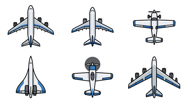 Set of top view illustrations of various commercial and private aircraft.